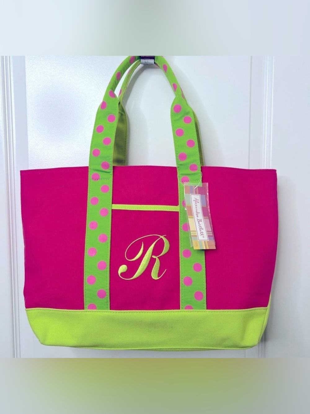 Alexandra Bartlett Pink Green Monogram R Canvas Tote Bag